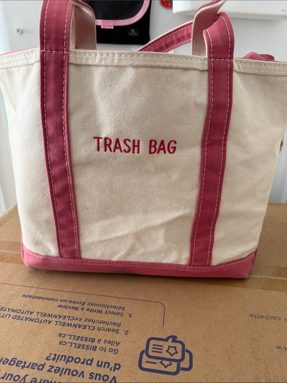 LL BEAN Canvas Tote Bag in Cream with Pink Accents - 'Trash Bag'